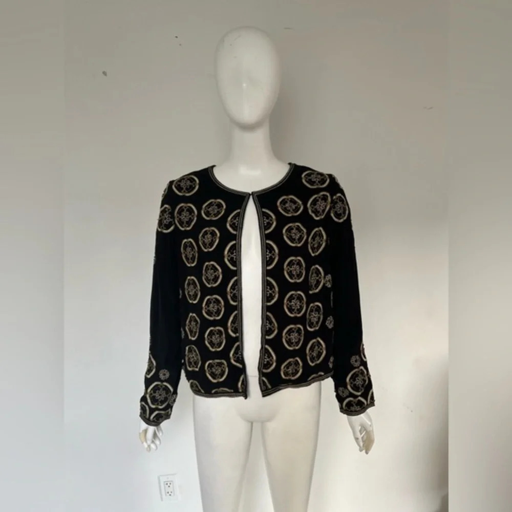 Monsoon Beaded Floral Embroidered Black Jacket Blazer Sz M Boho Coastal Artsy